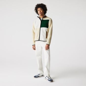 Lacoste LIVE Relaxed Fit Colorblock Sheepskin Fleece Sweatshirt Pánské - Mikiny Béžový / Bílé | CZ-W